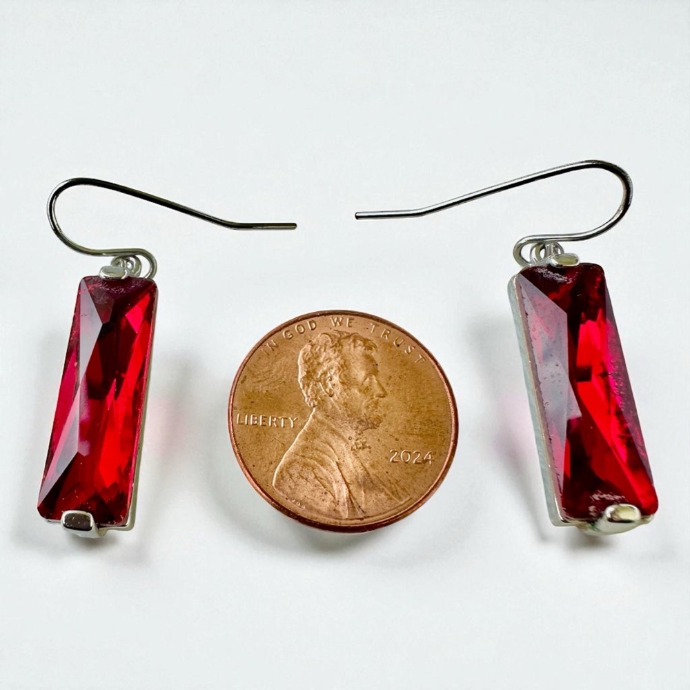 Silver Tone Metal Red Crystal Rectangular Drop Da… - image 4